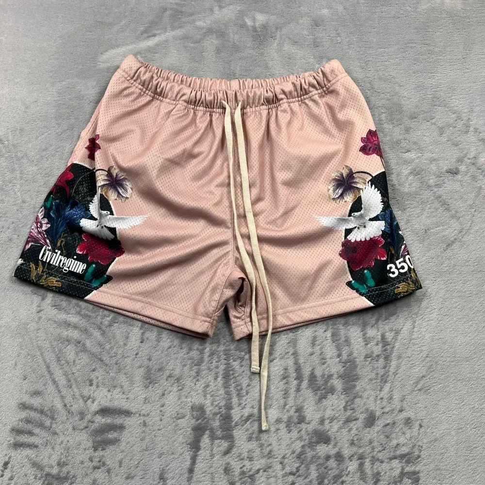 Civil Regime Mesh Shorts Mens Large Pink Floral Dove Graphic Athletic 350